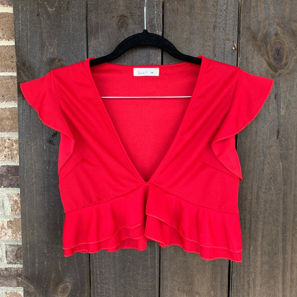 Love J Red Frilled Cropped V-Neck Blouse Medium